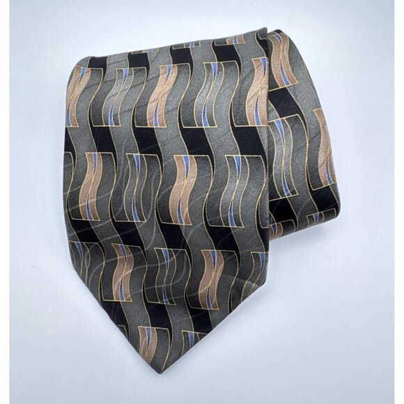 Puritan Mens Neck Tie Silk Abstract Geometric Flowing Design Green Gray - Picture 7 of 7